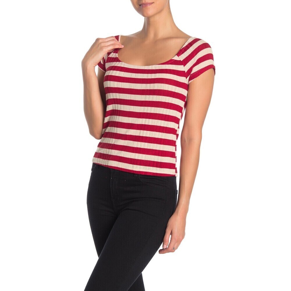 PST By Project Social T Striped Cap Sleeve T-Shirt Beige/Red Size S